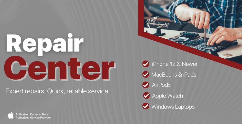 Certified technicians repairing Apple MacBooks, Windows PCs, iPads, and iPhones at UMass Store Repair Center